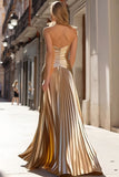 Gold A Line Beaded Strapless Ruched Prom Dress