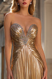 Gold A Line Beaded Strapless Ruched Prom Dress