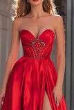 Beaded Strapless A Line Red Prom Dress