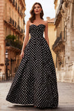 Strapless A Line White Black Dots Long Prom Dress