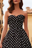 Strapless A Line White Black Dots Long Prom Dress