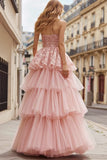Pink Tiered Strapless Lace A Line Prom Dress