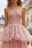 Pink Tiered Strapless Lace A Line Prom Dress