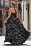 Halter White Black Dots A Line Lace Prom Dress