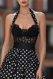 Halter White Black Dots A Line Lace Prom Dress