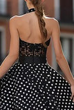 Halter White Black Dots A Line Lace Prom Dress