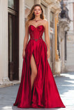 Red Strapless Beaded A Line Prom Dress