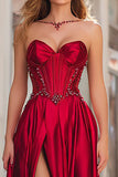 Red Strapless Beaded A Line Prom Dress