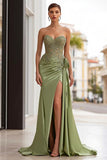 Strapless Appliqued Ruched Sage Green Prom Dress