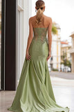 Strapless Appliqued Ruched Sage Green Prom Dress