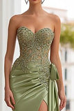Strapless Appliqued Ruched Sage Green Prom Dress