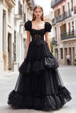Black Square Neck Ruffled A Line Prom Dress with Lace