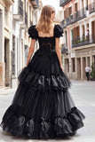 Black Square Neck Ruffled A Line Prom Dress with Lace