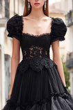 Black Square Neck Ruffled A Line Prom Dress with Lace