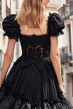 Black Square Neck Ruffled A Line Prom Dress with Lace