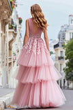 Tiered Pink V Neck Lace A Line Prom Dress