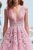 Tiered Pink V Neck Lace A Line Prom Dress