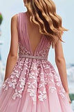 Tiered Pink V Neck Lace A Line Prom Dress