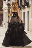 Black A Line Ruffled Lace Spaghetti Straps Prom Dress