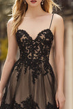 Black A Line Ruffled Lace Spaghetti Straps Prom Dress