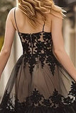 Black A Line Ruffled Lace Spaghetti Straps Prom Dress