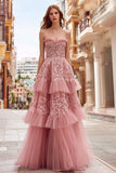Dusty Rose Strapless Ruffled A Line Prom Dress with Lace