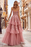 Dusty Rose Strapless Ruffled A Line Prom Dress with Lace