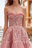 Dusty Rose Strapless Ruffled A Line Prom Dress with Lace