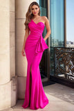 One Shoulder Fuchsia Mermaid Ruched Prom Dress with Ruffles