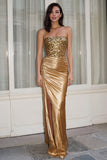 Gold Strapless Sequin Ruched Prom Dress
