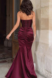 Strapless Mermiad Sequin Ruched Burgundy Prom Dress