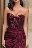 Strapless Mermiad Sequin Ruched Burgundy Prom Dress