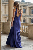 Navy Ruched Sleeveless Long Prom Dress