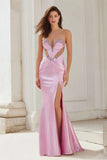 Pink Mermaid Strapless Satin Prom Dress with Rhinestones