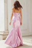 Pink Mermaid Strapless Satin Prom Dress with Rhinestones