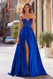Royal Blue A Line Strapless Prom Dress with Slit