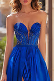 Royal Blue A Line Strapless Prom Dress with Slit