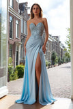 Sky Blue Sweetheart Ruched Prom Dress with Appliques