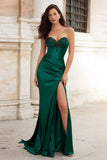 Strapless Satin Dark Green Beaded Mermaid Prom Dress