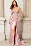 Pink Sheath Corset Satin Strapless Prom Dress