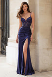 Navy Spaghetti Straps Beaded Satin Prom Dress