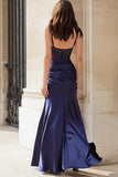 Navy Spaghetti Straps Beaded Satin Prom Dress