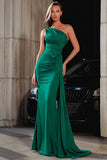 One Shoulder Dark Green Bowed Prom Dress with Side Cape