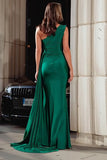 One Shoulder Dark Green Bowed Prom Dress with Side Cape
