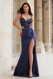 Navy Spaghetti Straps Cut Out Mermaid Prom Dress