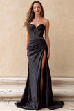 Black Strapless Sheath Beaded Prom Dress with Slit