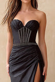 Black Strapless Sheath Beaded Prom Dress with Slit
