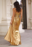 Gold Halter Mermaid Sequin Satin Prom Dress