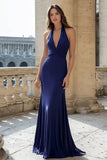 Halter Navy Mermaid Ruched Prom Dress