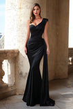 One Shoulder Black Mermaid Ruched Prom Dress with Side Cape